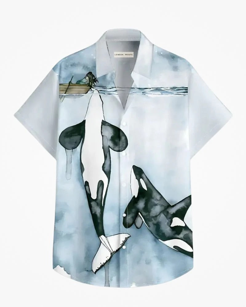 Men's Ocean Whale Graphic Shirt – Casual Short Sleeve Button Down Beach Shirt
