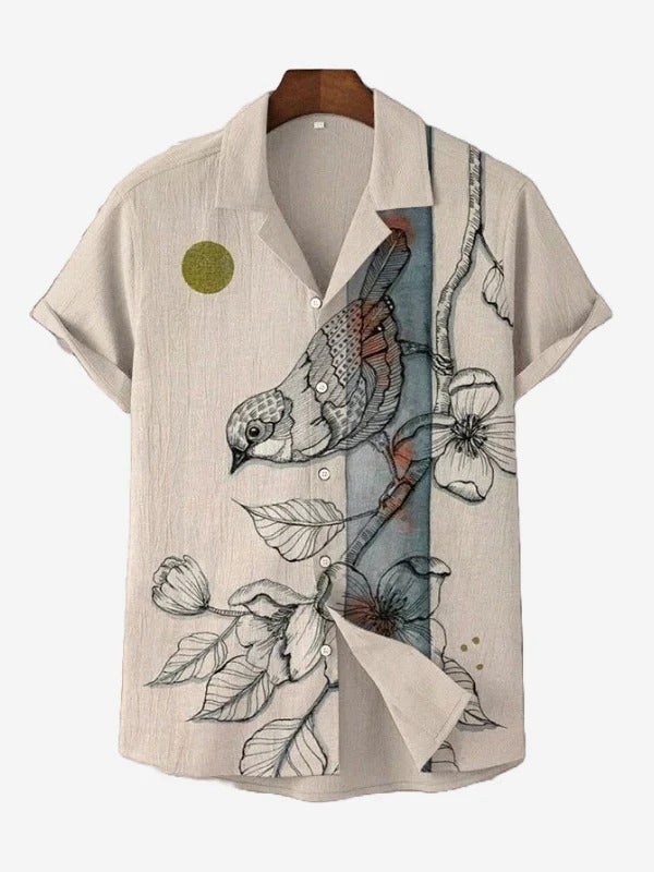 Men's Artistic Bird Print Casual Shirt – Short Sleeve Button Down Summer Beach Shirt