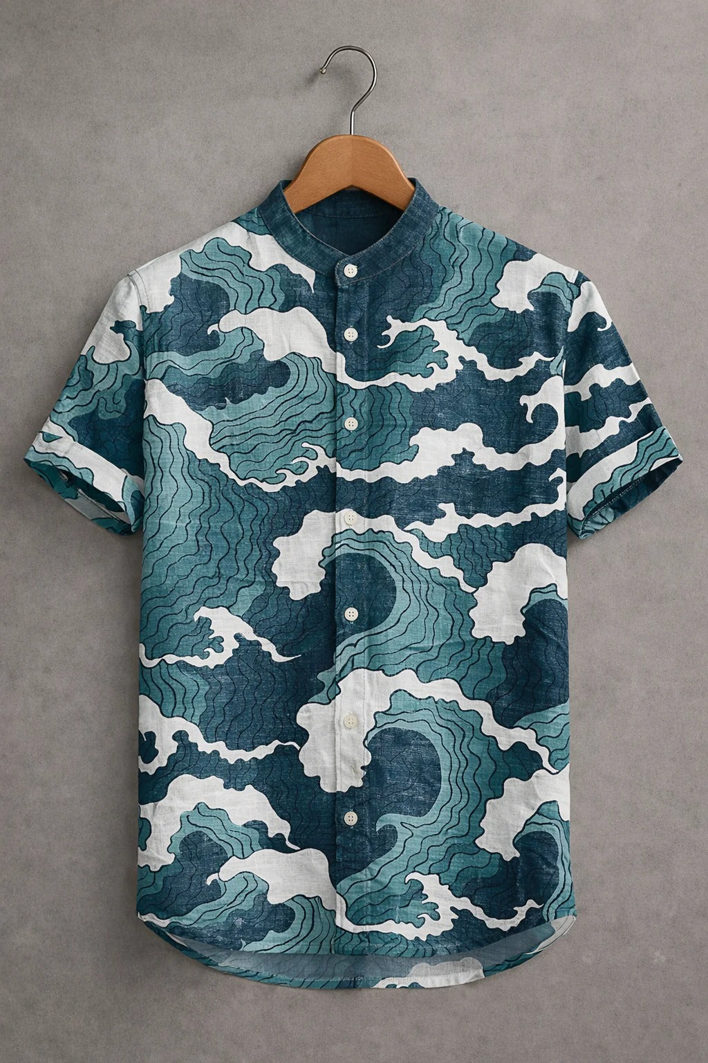 Men's Ocean Wave Print Casual Shirt – Japanese Style Short Sleeve Summer Button Down