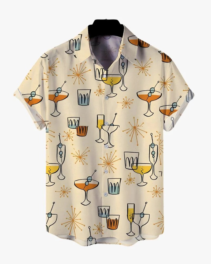 Men's Cocktail Print Casual Shirt – Retro Party Short Sleeve Button Down Shirt