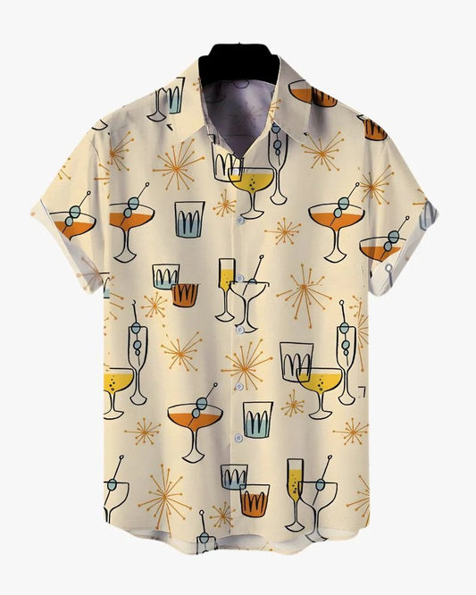 Men's Cocktail Print Casual Shirt – Retro Party Short Sleeve Button Down Shirt