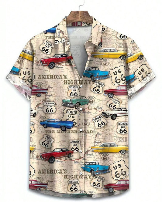 Men’s Vintage Route 66 Classic Car Shirt – Retro American Highway Graphic Shirt
