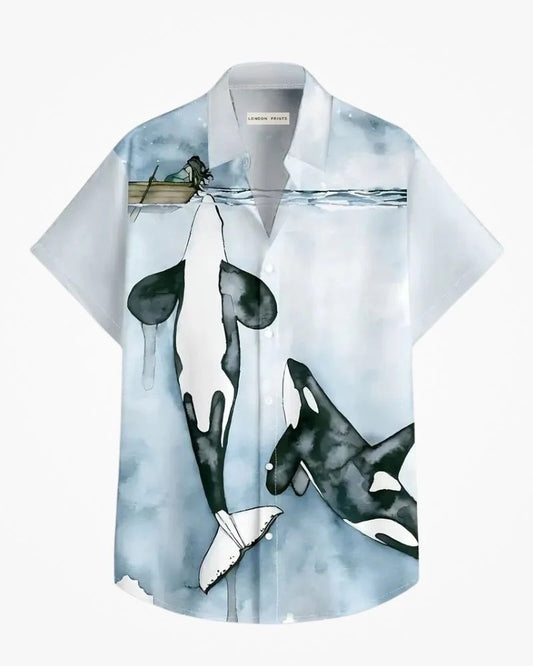 Men's Ocean Whale Graphic Shirt – Casual Short Sleeve Button Down Beach Shirt