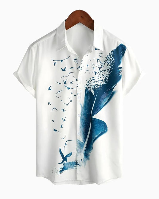 Men's Whale & Bird Ocean Print Shirt – Casual Short Sleeve Button Down Summer Shirt