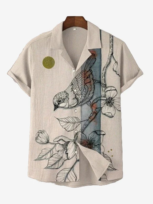 Men's Artistic Bird Print Casual Shirt – Short Sleeve Button Down Summer Beach Shirt