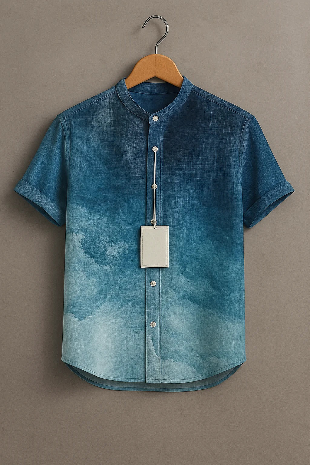 Men's Minimalist Ocean Blue Casual Shirt – Mandarin Collar Short Sleeve Summer Shirt