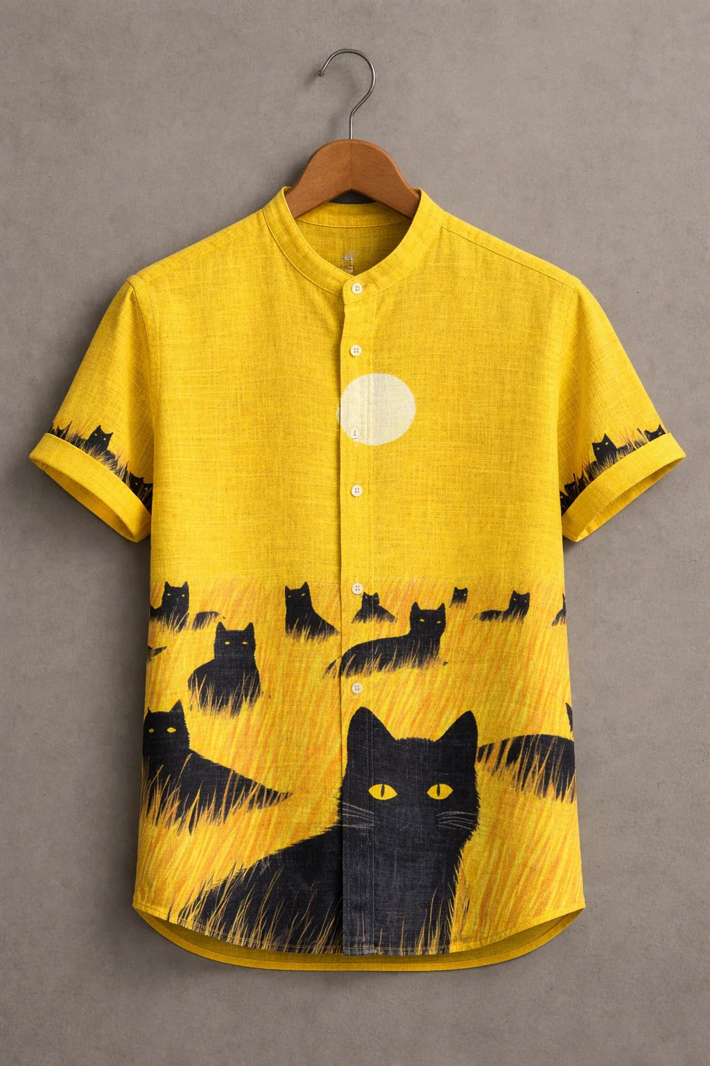 Men's Black Cat Graphic Casual Shirt – Artistic Short Sleeve Summer Button Down