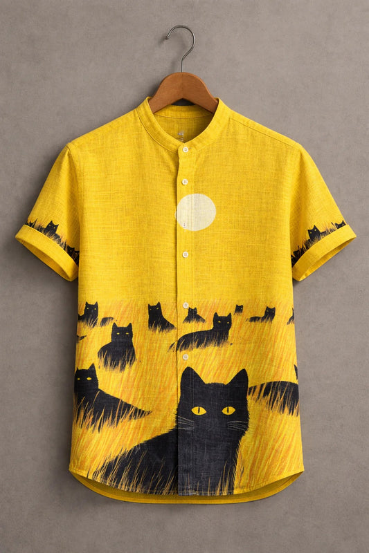 Men's Black Cat Graphic Casual Shirt – Artistic Short Sleeve Summer Button Down