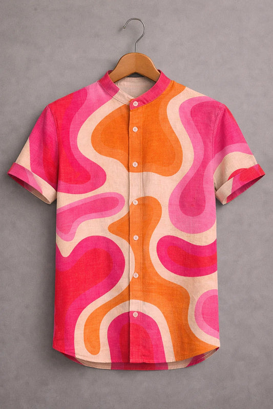 Men's Retro Abstract Print Casual Shirt – Colorful Short Sleeve Summer Button Down