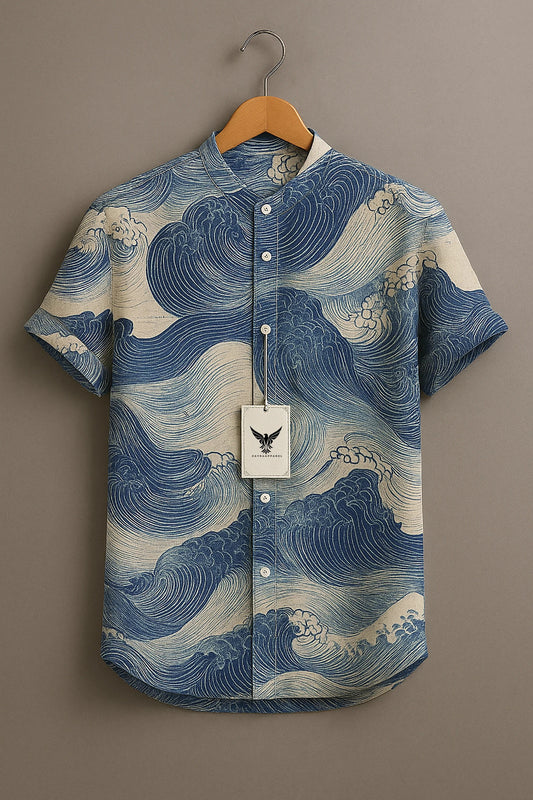 Men's Japanese Wave Print Casual Shirt – Ocean Art Short Sleeve Summer Shirt