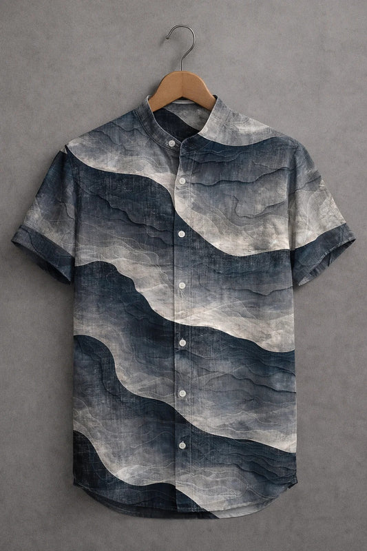 Men's Abstract Wave Print Casual Shirt – Modern Short Sleeve Summer Button Down
