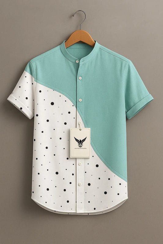 Men's Modern Color Block Casual Shirt – Minimal Polka Dot Short Sleeve Summer Shirt