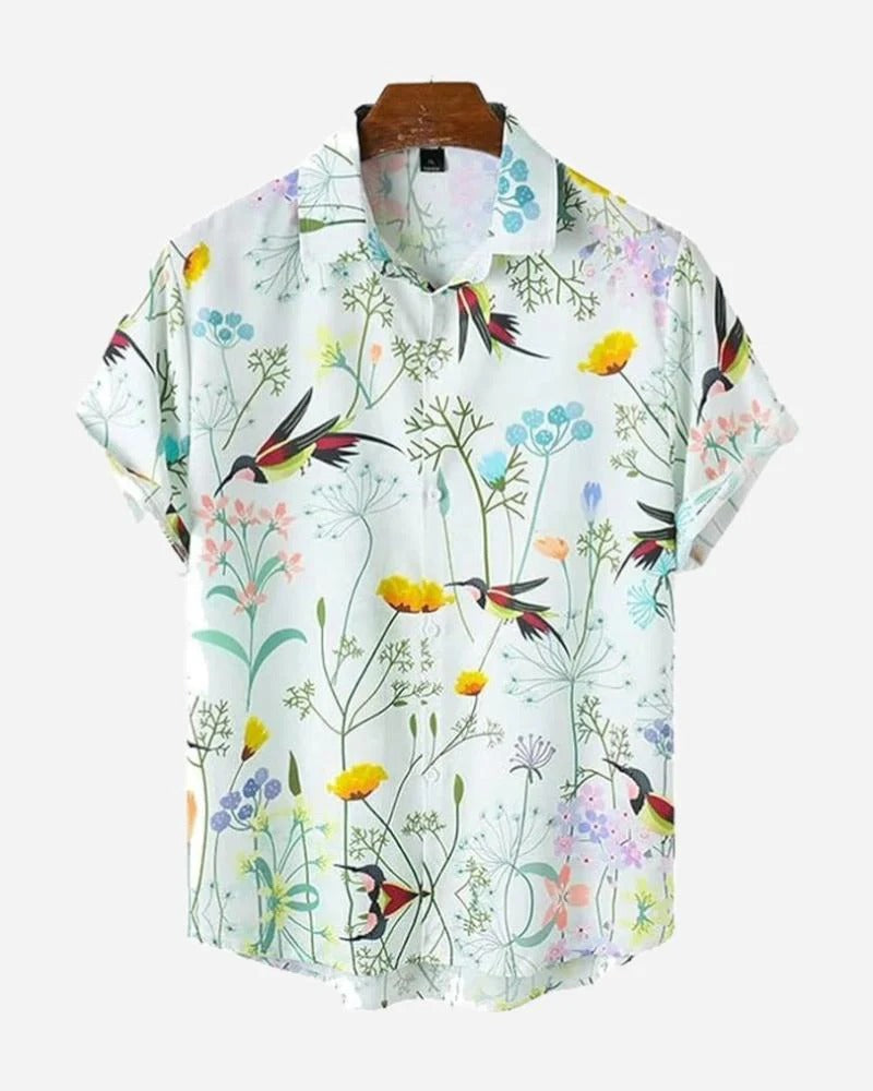 Men's Floral Bird Print Casual Shirt – Tropical Short Sleeve Summer Button Down
