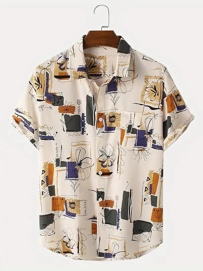 Men's Abstract Floral Print Casual Shirt – Artistic Short Sleeve Summer Button Down