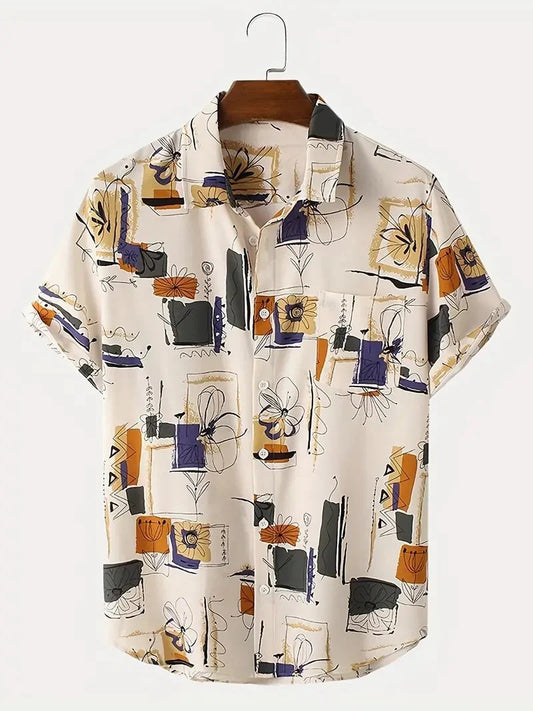 Men's Abstract Floral Print Casual Shirt – Artistic Short Sleeve Summer Button Down