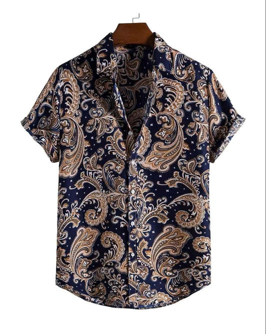 Men's Luxury Paisley Print Casual Shirt – Vintage Short Sleeve Button Down Shirt
